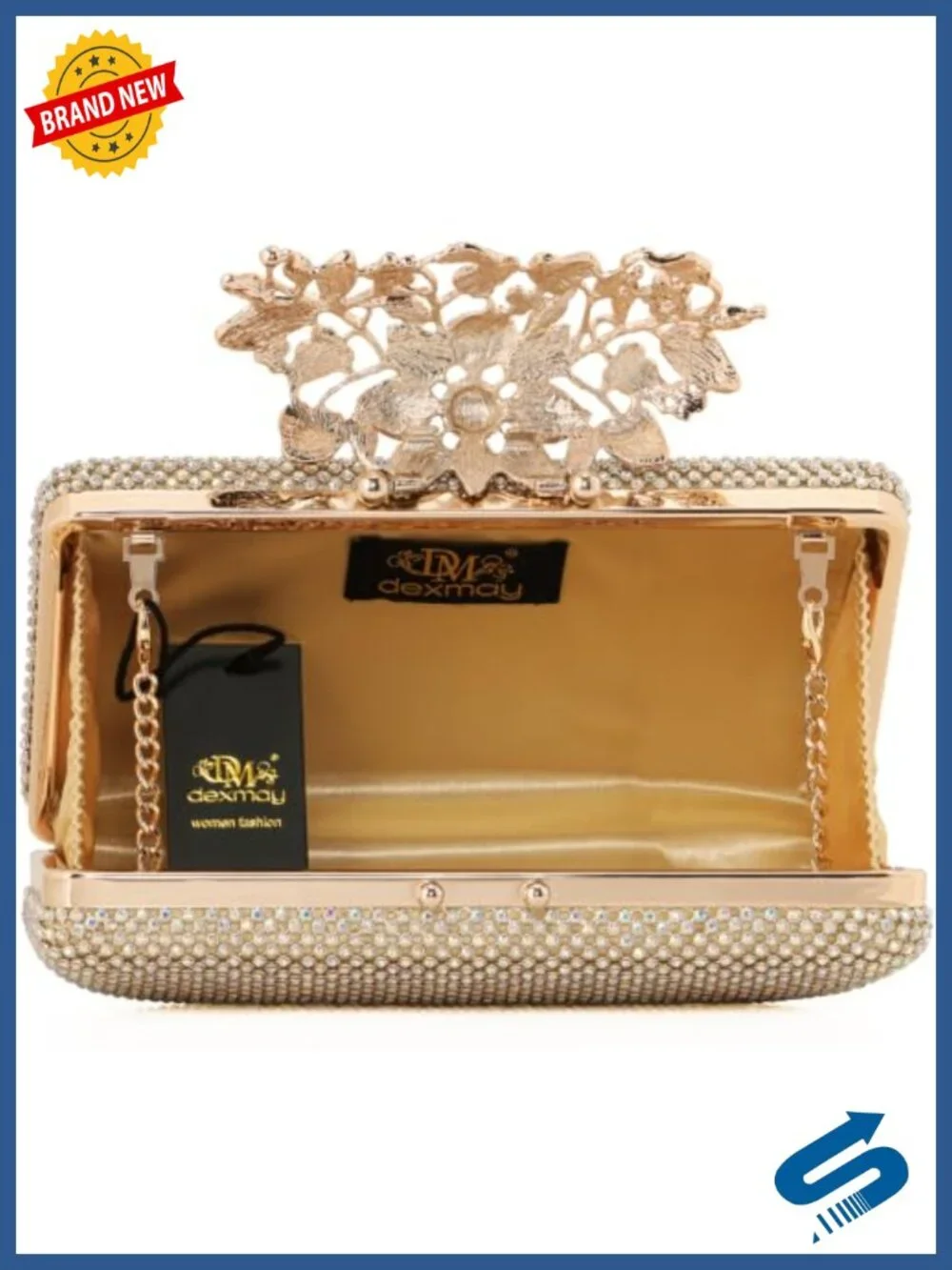 Women's Rhinestone Evening Clutch Bag with Gold Flower Clasp, Hard Shell,